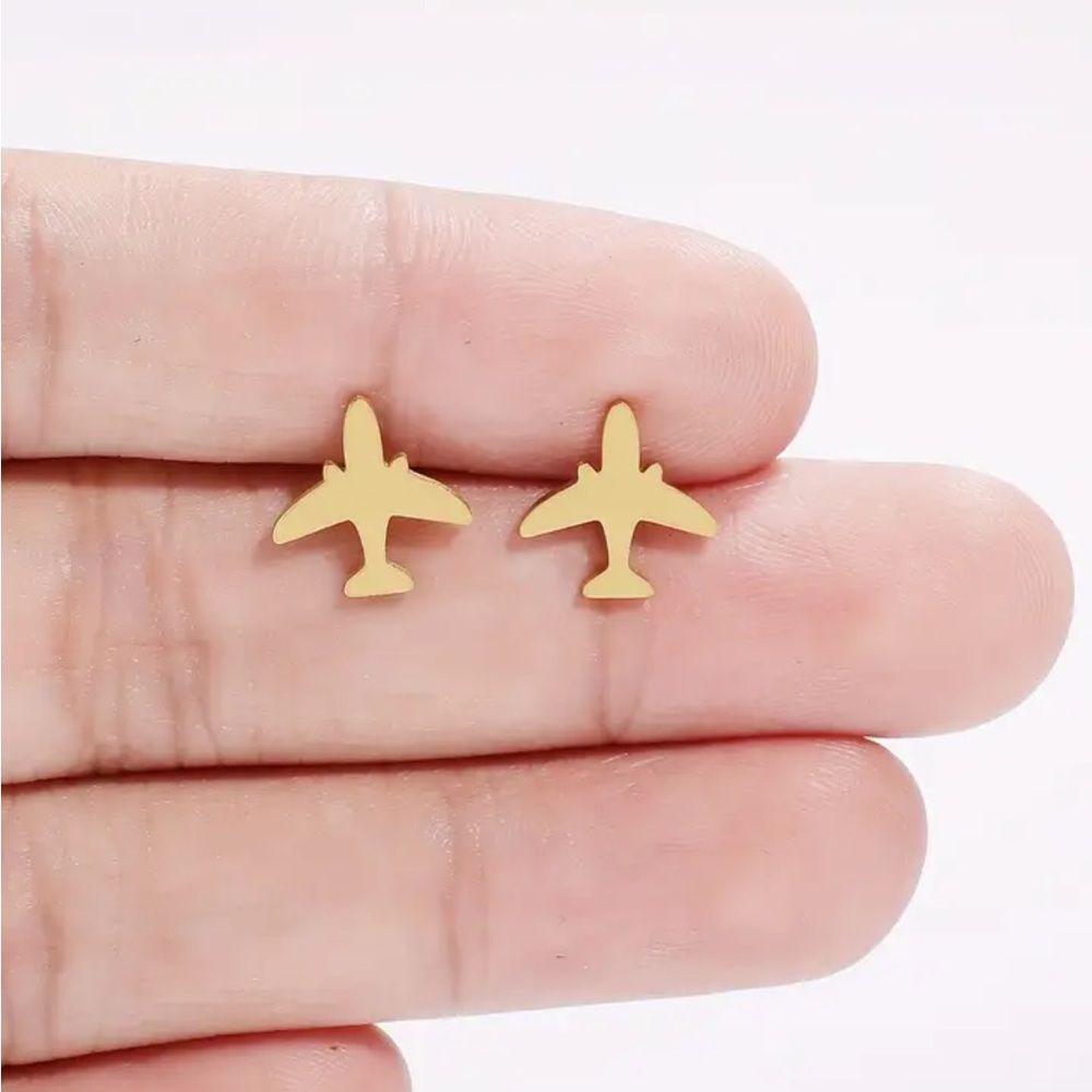 Gold Stainless Steel Airplane Stud Earrings